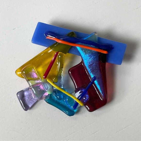 Signed vintage colorful fused art glass brooch ‘80s ‘90s - Picture 2 of 12